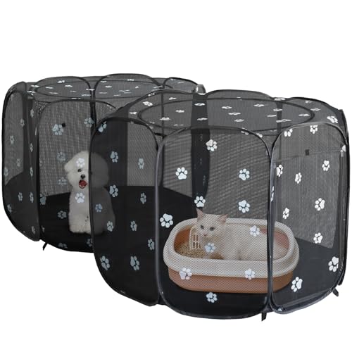 2-in-1 Pop Up Dog Playpen Cat Pet Puppy Playpen, Non-Detachable (Black Mesh / 71"L x 34"W x 24.1"H)