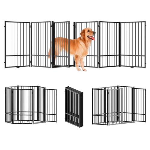 Full Metal Freestanding Dog Gate with Door (【6 Panels】120"W*36H" / Black)