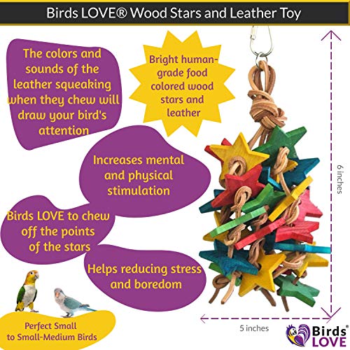 Wood Stars & Leather Toy for Bird Cage Stand or Playgym