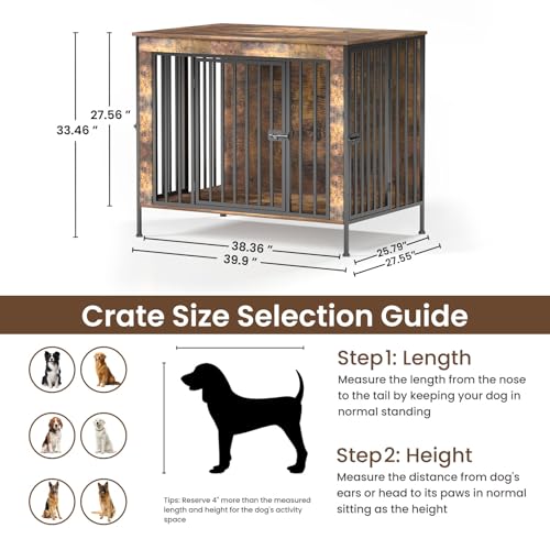 Dog Crate Furniture 40" Sturdy Heavy Duty Dog Kennel Solid Metal Tube Thick Wooden with 2 Lockable Doors Single Dog Cage Large Breed as TV Stand End Table for Large Dog Rustic Brown (40.0"L x 27.5"W x 33.0"H)