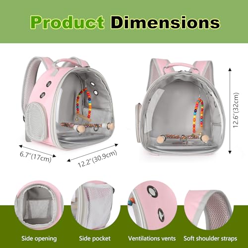 Portable Parrot Travel Cage Carrier with Small Swing Toy&Cage Colorful Toys Set Small Bird Parakeet Bag with Standing Perch Bird Carry Transport Bag (Pink / Backpack/swing)