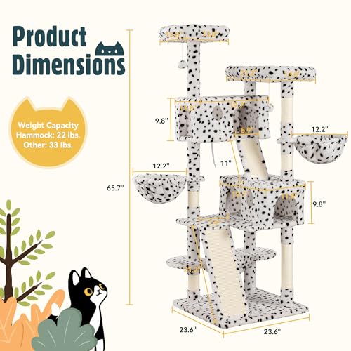65in Multi Level Large Cat Tree Tower for Indoor Kitties (White & Black Spot)