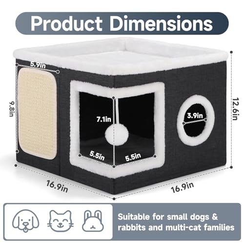 Cat House Bed for Indoor Cats with Fluffy Ball and Scratch Pad Black (Black / Large)