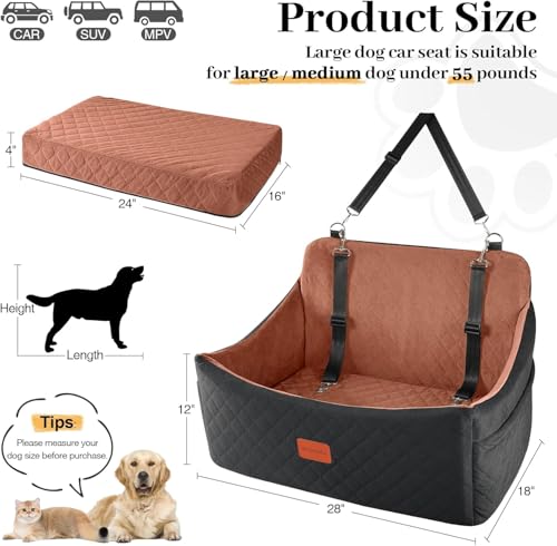 Dog Car Seat for Medium & Large Dogs Up to 55lbs (Black/Brown / Large)