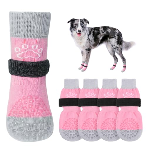 Anti Slip Dog Socks to Prevent Licking Paws for Hardwood Floors (Pearl Paw-Pink / Medium (4 Count))