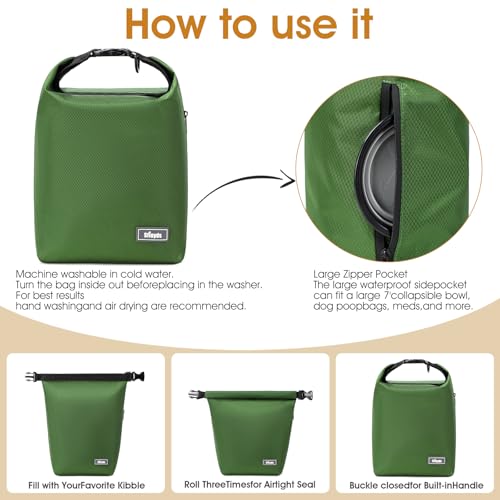 Dog Food Travel Bag with 2PCS Collapsible Dog Travel Bowls Air Tight Dog Food Storage Container (Green / 12L)