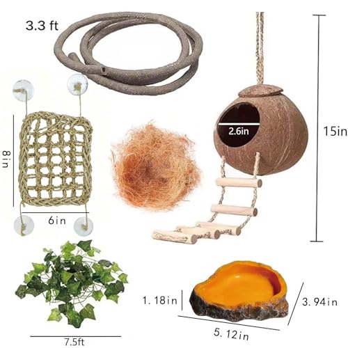 Leopard Gecko Tank Accessories. Reptile Hammock Vines Plants with Coconut Shell Ladder Hideout Hermit Crab Decor for Bearded Dragon Lizard Chameleon Crested Gecko Tortoise Snake (Large with Water Dish)