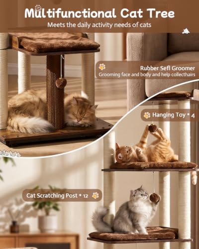 67.7" Wooden Cat Tree for Large Cats (Rustic Brown / 23.6"L x 22.8"W x 67.7"H)