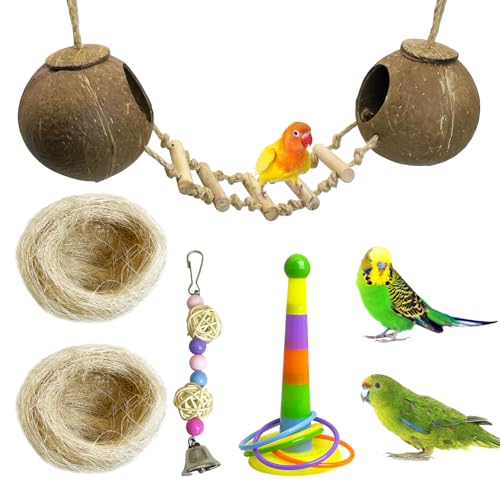 5Pcs Bird Coconut House with Ladder Parakeet Coconut Nest for Cages Parrot Hut Hanging Natural Coconut Fiber Conure Chewing Toys for Cockatiel Budgie Lovebird Cockatoos