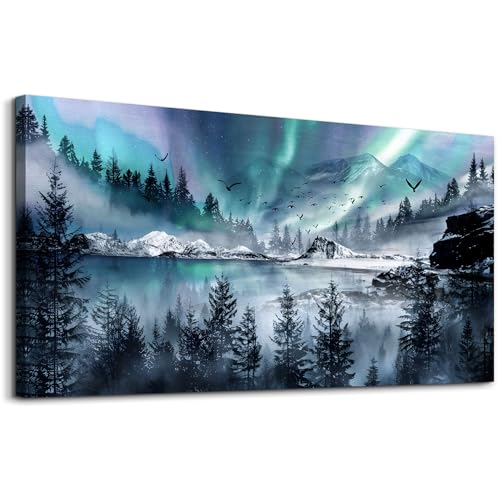 Modern Canvas Wall Art For Office Large Wall Decorations For Living Room Stretched And Framed Canvas Prints Paintings Blue Aurora Scenery Wall Pictures Artwork Hotel Mural Ready To Hang (60"L x 30"W / Blue Aurora Scenery Wall Pictures)