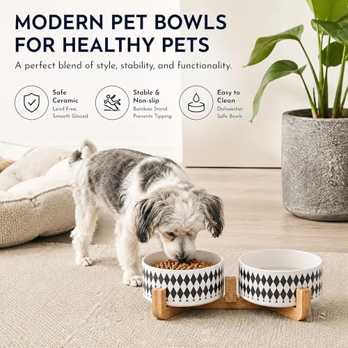 Ceramic Dog Cat Bowl Set with Stand (Black Rhombus / 400ML*2)