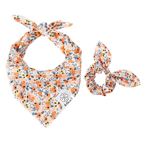 Dog Bandanas Girl Matching Dog Bandana and Scrunchie Medium Large (01-orange floral / Large-set of 1)