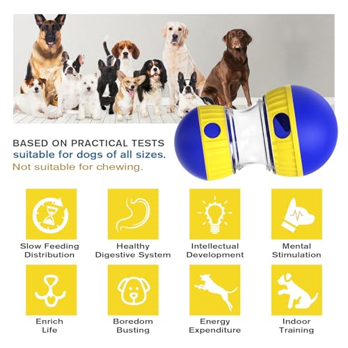 Dog Treat Dispensing Puzzle Toy Adjustable Food Dispenser Slow Feeder Puppy Enrichment Training Rolling Ball Pet Interactive Chase Toys for Small Medium Large Dogs to Keep Them Busy (Blue - Single - Standard)