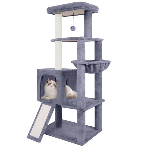 55" All-in-One Cat Tree Tower with Scratching Board & Posts Cozy Sleeping Perch Hammock and Toy Balls,Grey (Grey All-in-One)