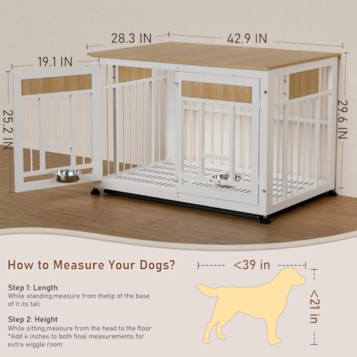 Large Dog Crate Furniture (Nature Wood & White / 42.9"L x 38.3"W x 30.0"H)