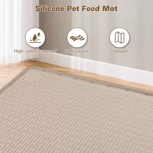 Cat Food Mat Extra Large Silicone Pet Bowl Mat 34''x22'' (Khaki / 34"L x 22"W)