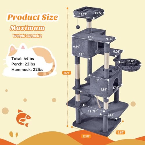 66 Inch Cat Tree Tower for Indoor Cats and Kittens (Deep Grey / 66 IN)
