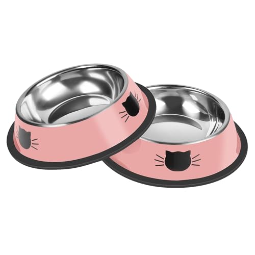 2 Pcs Non Slip Stainless Steel Small Cat Food Bowls (Pink / 7 oz)