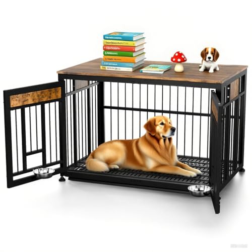 XL Dog Crate Furniture (Rustic Brown & Black / Extra Large Size: 48 x 30.3 x 33 inch)