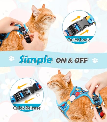 Cat Harness and Leash Set[MAX Safety 4th (H603 Pro Azure Floral / X-Small (4-6lb))
