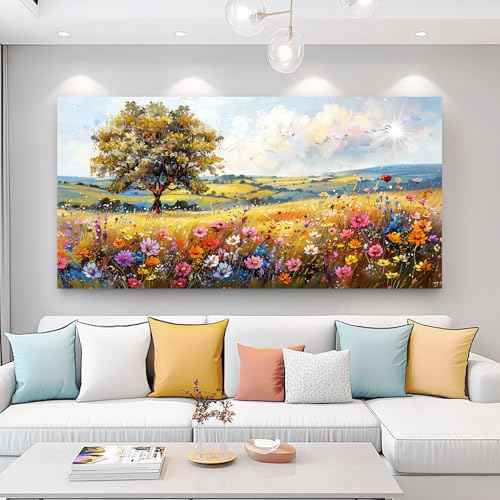 Canvas Wall Art For Living Room Wall Decor For Bedroom Office Decorations Field Pictures Artwork Flower Scenery Watercolour Wall Paintings Aesthetic Room Home Decor Ready to Hang (40"L x 20"W / Field Landscape)
