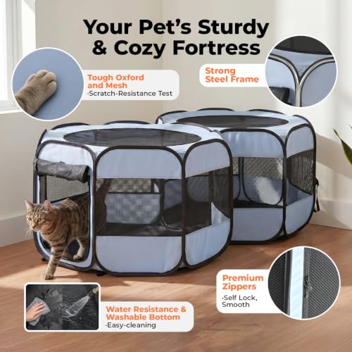 2-in-1 Pop Up Dog Playpen Cat Pet Puppy Playpen, Non-Detachable (Grey / 55.2"L x 27.6"W x 17"H)