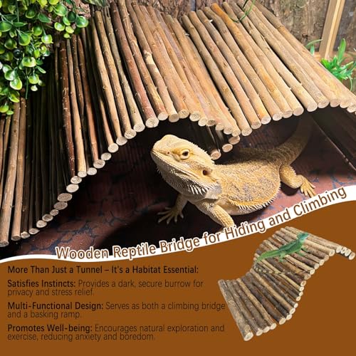 2PCS Reptile Hideout Wooden Bridge 12.99"x 18.89" Lizard Hide Caves Bearded Dragon Habitat Accessories for Gecko Snake Frog Chameleon Iguana Tortoise