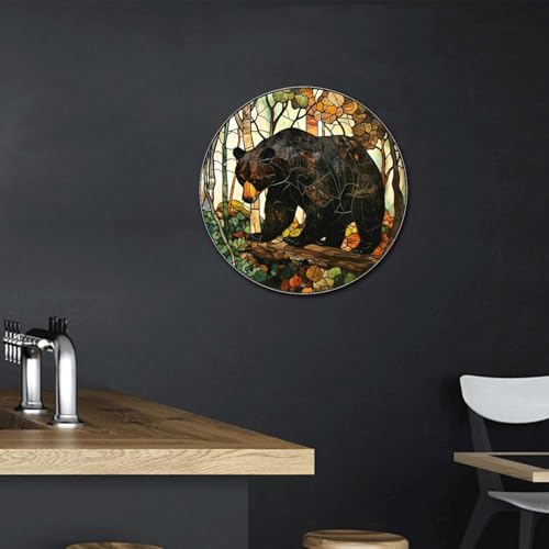 Metal Sign Tin Sign Circular Stained Glass American Black Bear Funny Outdoor Decor for Gift 12×12 Inches (12×12 Inches / American Black Bear-2)