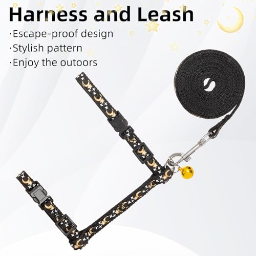 Adjustable Cat Harness and Leash Set Escape Proof Kitten Strap Collar for Walking Travel (Medium / Black(Moon&Star))