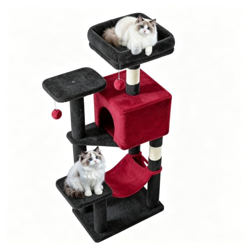 44 Inch Cat Tree Tower with Natural Sisal Scratching Posts (Black Red / 44 Inch)