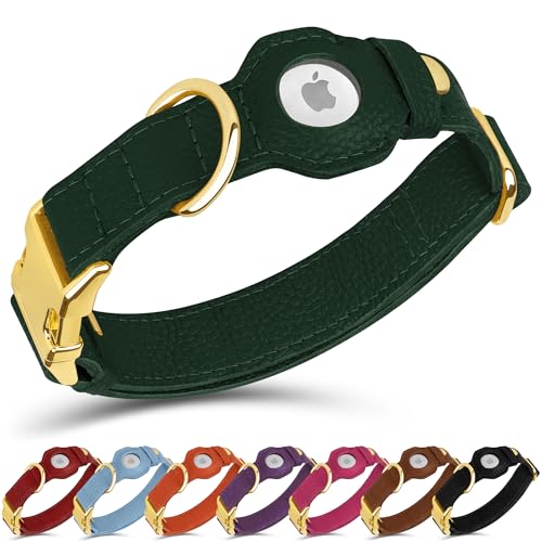 Leather Airtag Dog Collar (Green / XL, 20"-25" Neck Fit)