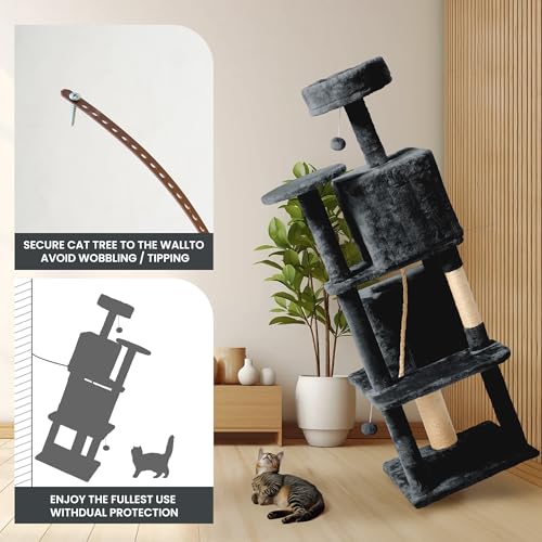 58in Large Cat Tree Tower for Indoor Cats with Soft Plush Hang Ball