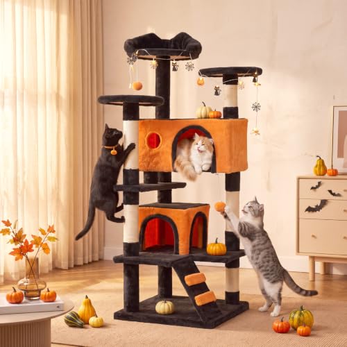 54 inch Cat Tree Tower with Scratching Posts (Black & Orange / 54IN)