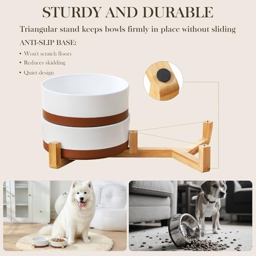 Dog Bowls Set with Wooden Stand (L-6 Cups / Vanilla White（2 PCS with Stand）)