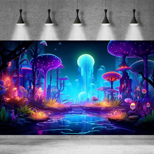 Fantasy Forest Aquarium Background Mysterious Plants Abstract Mushrooms Cartoon Style Forest Terrarium Backdrop Tranquil Stream Fish Tank Background Wallpaper Poster Decor Vinyl 24x12in (24(W)x12(H)in / Blue Purple)