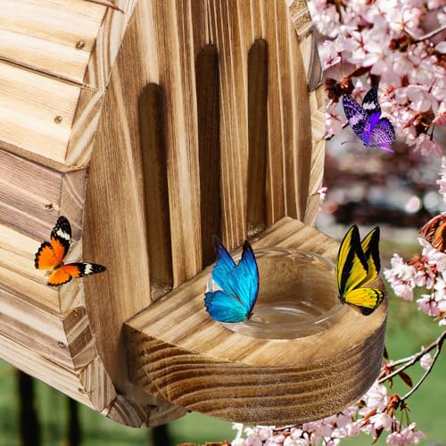 Butterfly House Wooden Habitat Natural Nesting Box Garden House with Feeder Hanging for Bee Butterfly Ladybirds for Garden Outside (Type A)