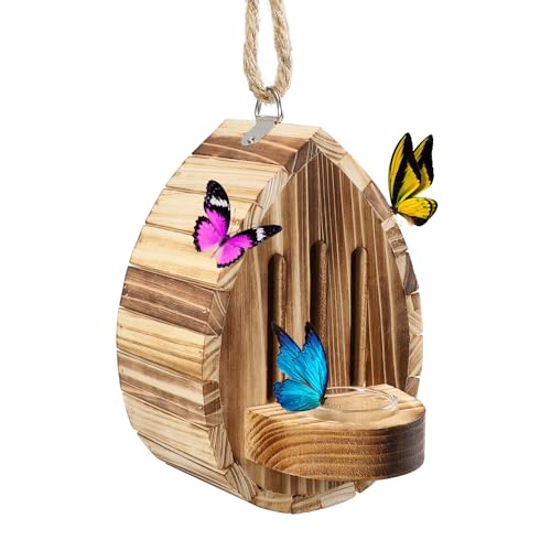 Butterfly House Wooden Habitat Natural Nesting Box Garden House with Feeder Hanging for Bee Butterfly Ladybirds for Garden Outside (Type A)