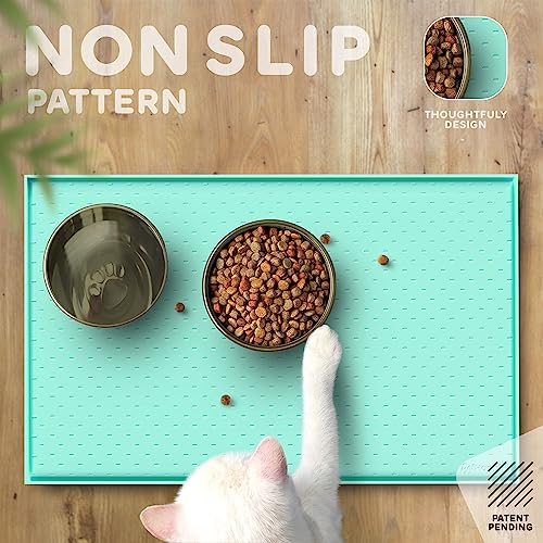 Dog Food Mat 28x18 Raised Edges Dogs Mat for Food and Water Prevent Spill (28" x 18" / Cyan)