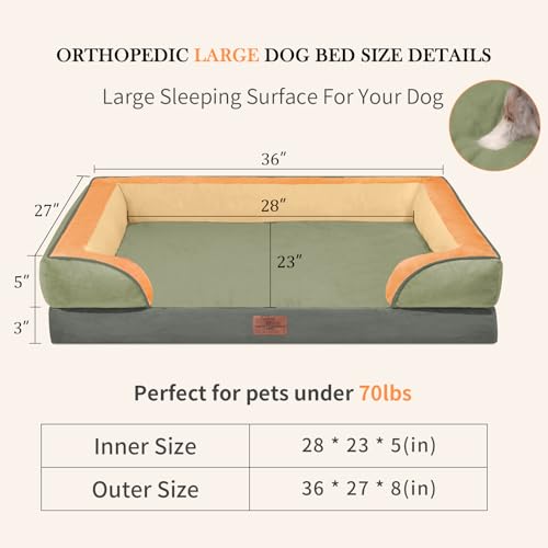 Orthopedic Dog Beds for Large Sized Dog with Bolster (36.0"L x 27.0"W x 8.0"Th / Avocado)