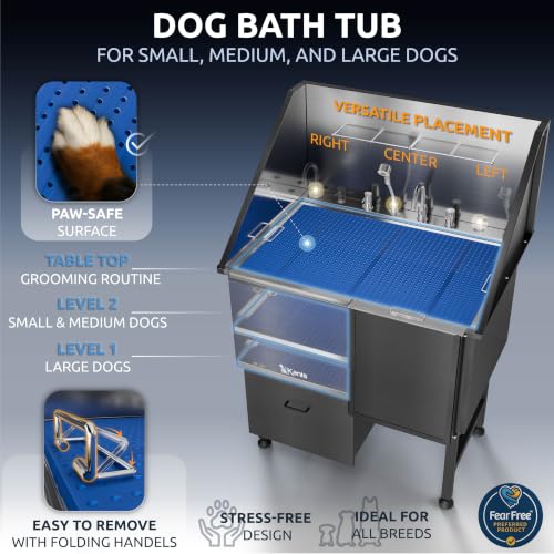 Professional Dog Washing Station 304 Stainless Steel Pet Wash Sink (Black, Right Ramp, 1 Drawer / 40 Inches)