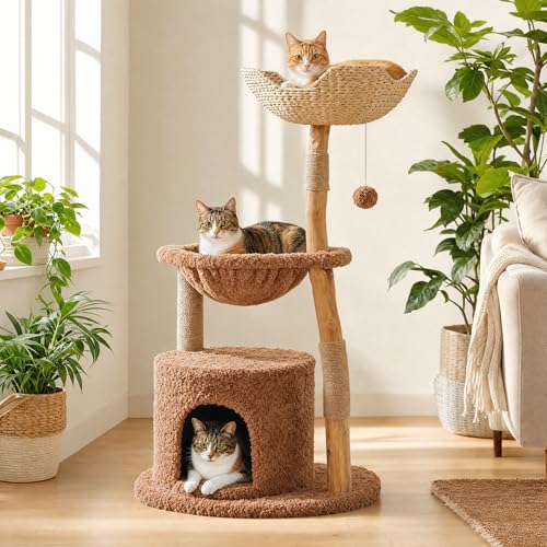 40" Modern Wood Cat Tree with Rattan Basket & Hammock (Brown / 40" Solid Wood Cat Tree)