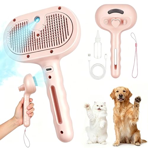 3 in 1 Dog Cat Steam Brush with Storage Rope for Shedding Massaging Grooming (Pink)