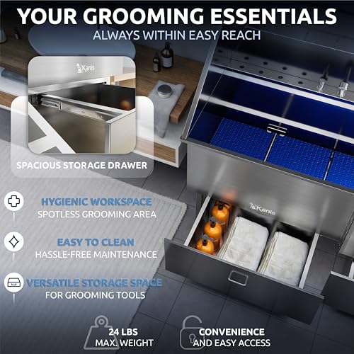 Professional Dog Washing Station 304 Stainless Steel Pet Wash Sink (Silver, Right Ramp, 1 Drawer / 61 Inches)