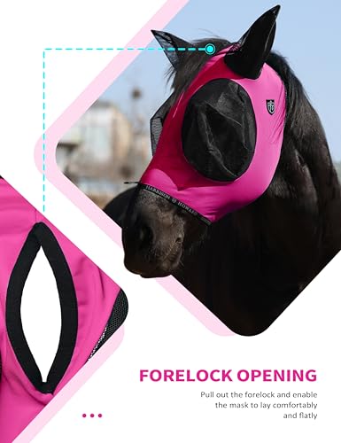Horse Fly Mask with Forelock Opening Stretch Breathable and Comfortable for Horses UV (Fuchsia / L)
