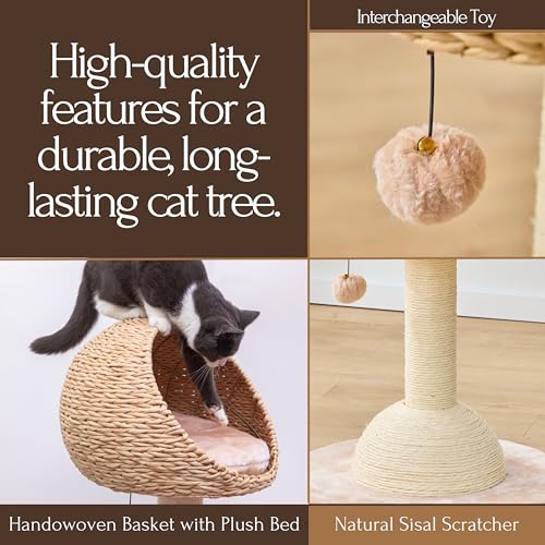 2 Level Cat Tree with Handwoven Recycled Paper Rope Baskets (Brown Beige)