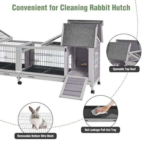 Wooden Rabbit Hutch with Wheels (Grey / 22.8"L x 80.1"W x 28.6"H)