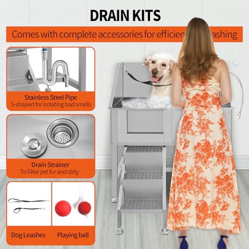 Dog Washing Station 38'' Stainless Steel Pet Grooming Tub for Large Dogs Over (38"LEFT DOOR)