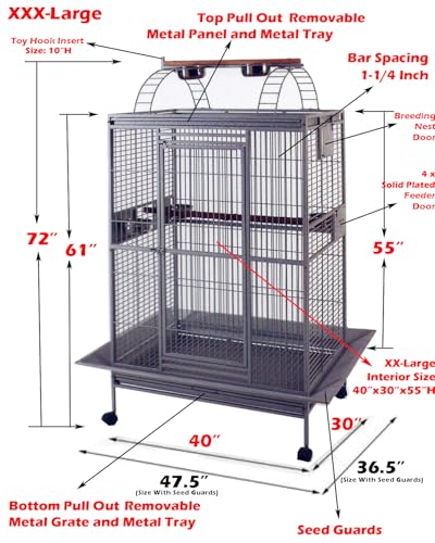 4 Size, XX-Large 40"x30"x72"H Castle PlayTop Parrot Cage for Large Macaws Cockatoos African Grey Amazon (40" x 30" x 72"H) (28.0"L x 22.0"W x 65.0"H)