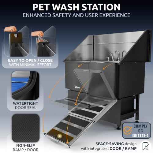 Professional Dog Washing Station 304 Stainless Steel Pet Wash Sink (Black, Right Ramp, 2 Drawer / 50 Inches)