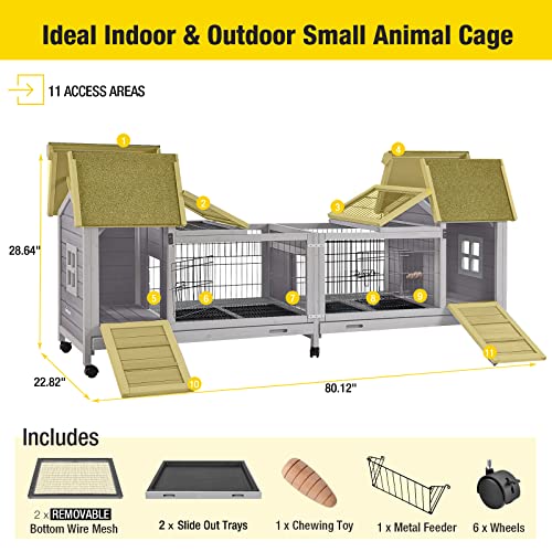 Rabbit Hutch Bunny Cage with Double House and Run Indoor Outdoor Guinea Pig House with Deeper No Leak Trays and Wheels